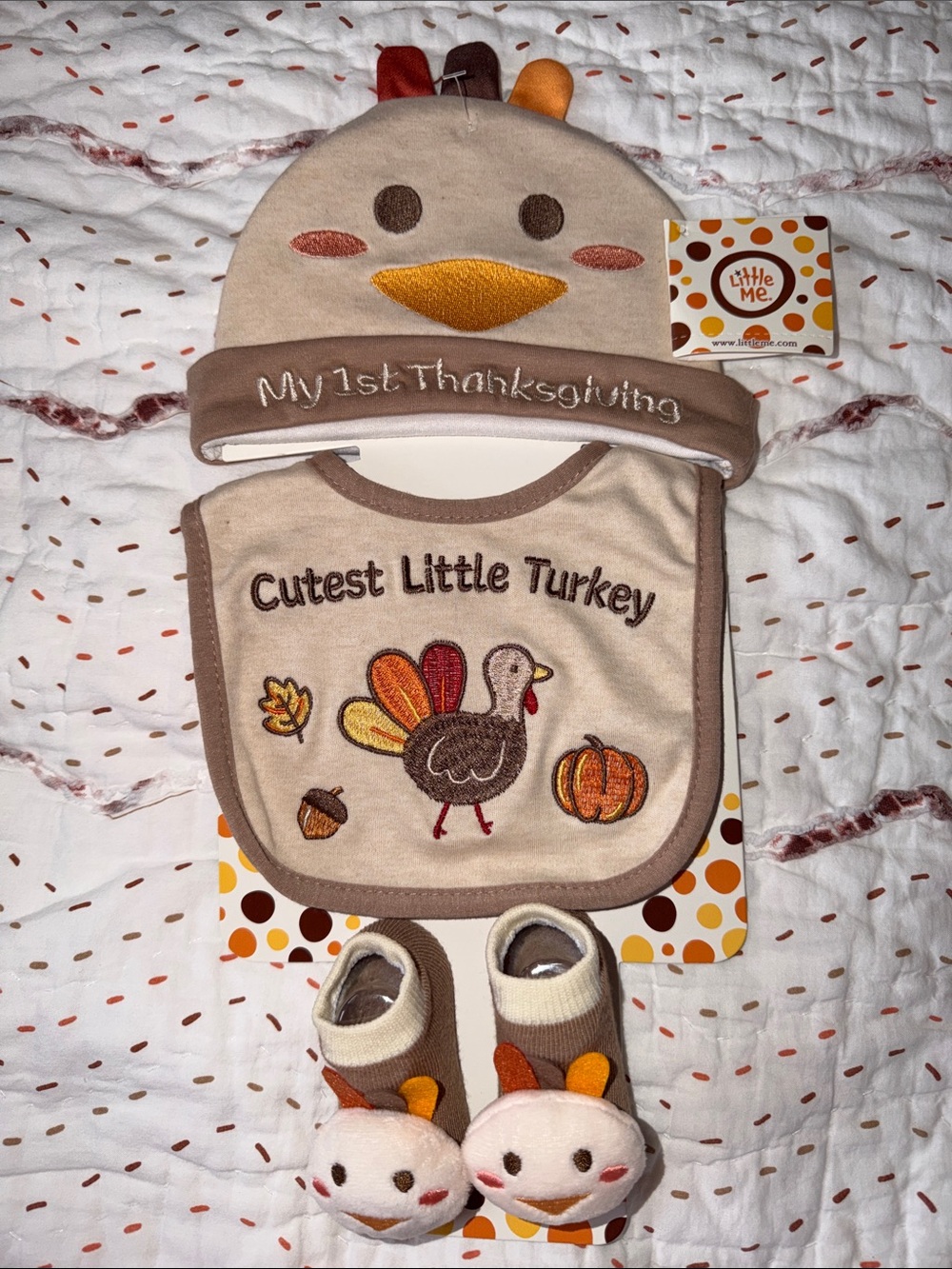 NWT Little Me First Thanksgiving Turkey Set Hat, Bib, Booties Size 0-12 Months